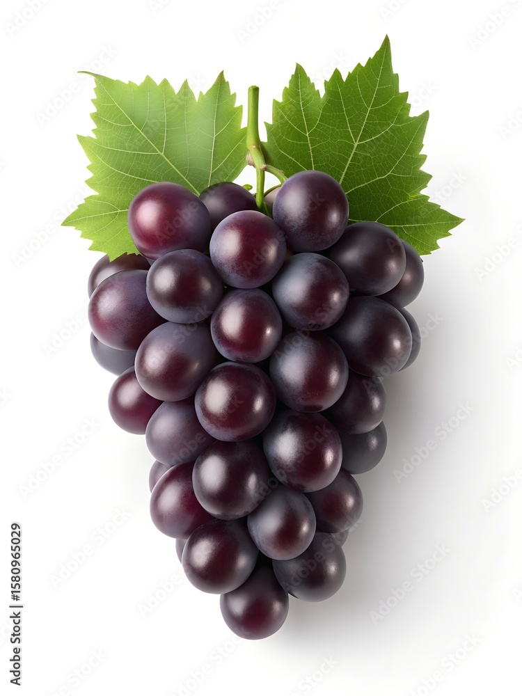 Fototapeta premium Bunch of dark purple grapes and grape leaves isolated on a white background