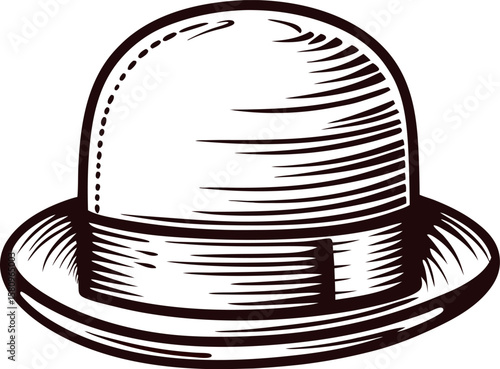 Hand drawn vintage bowler hat illustration with textured lines and classic brim isolated on white background