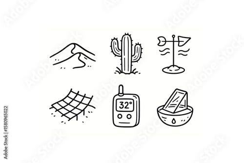 hand drawn cute doodle style isolated desert sand dune model desert cactus specimen desert wind vane desert stabilization mesh desert temperature logger desert solar still
