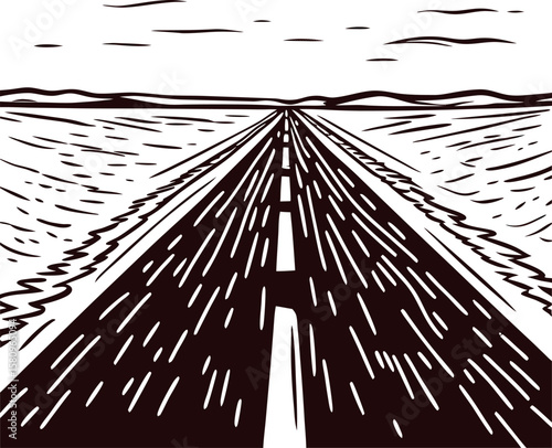 hand drawn illustration of a straight road receding into a rural landscape with clear sky and horizon
