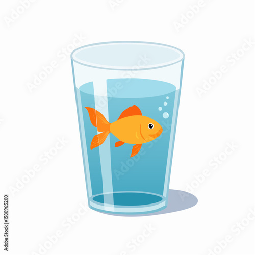 Smiling goldfish swims in a glass of water, almost half full