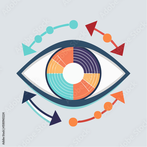 Human eye with iris loading symbol and data stream arrows around it
