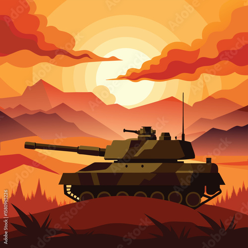 Isolated military tank silhouette – a heavy armored vehicle for battle, armed with a powerful gun and cannon, ready for conflict