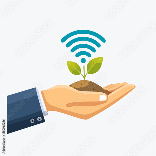 Human hand holds seedling with a wi fi signal above it