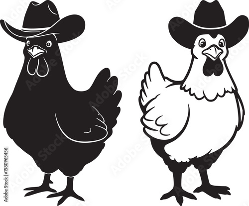 Two cartoon chickens wearing cowboy hats in silhouette and outline style