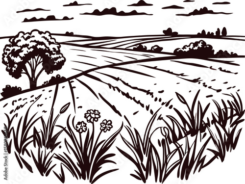 Vintage engraved rural landscape with rolling hills, blooming wildflowers, distant trees and dramatic sky