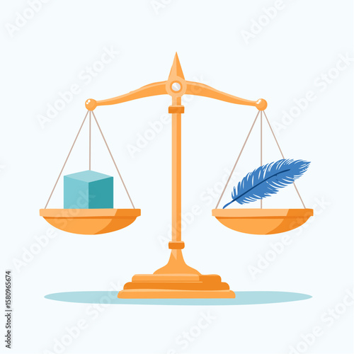 Feather balances heavier block on golden scales against white background