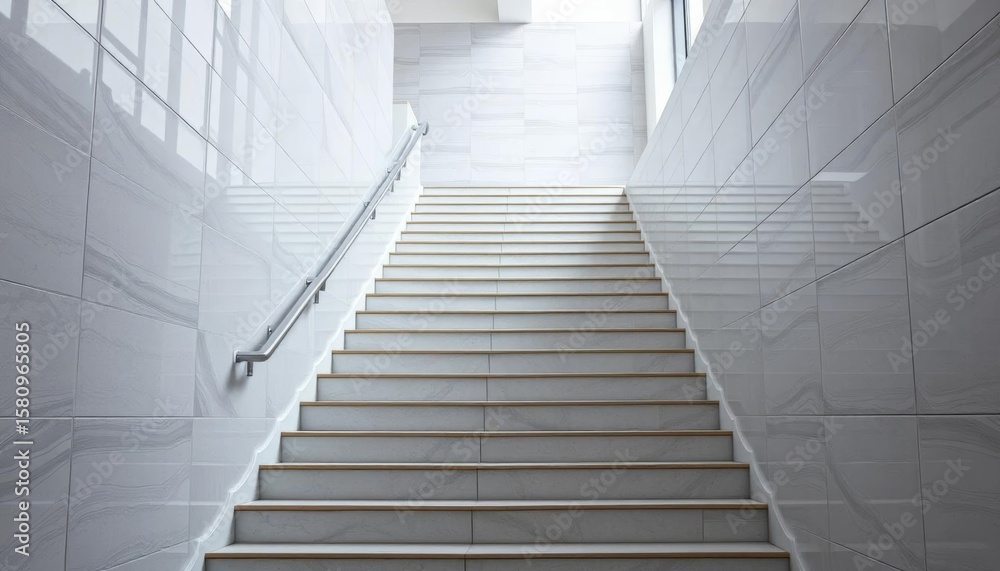 Fototapeta premium Modern light grey tiled staircase ascending to upper floor, tile flooring, hallway