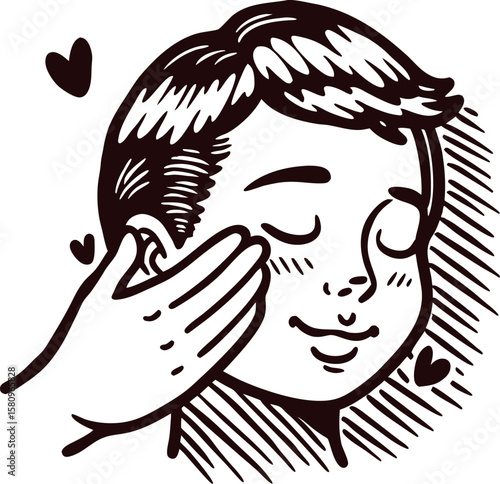 Gentle hand caressing smiling boy’s face with loving hearts in sketch illustration
