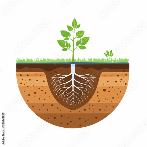 Cross section shows soil layers and a root system of a single plant