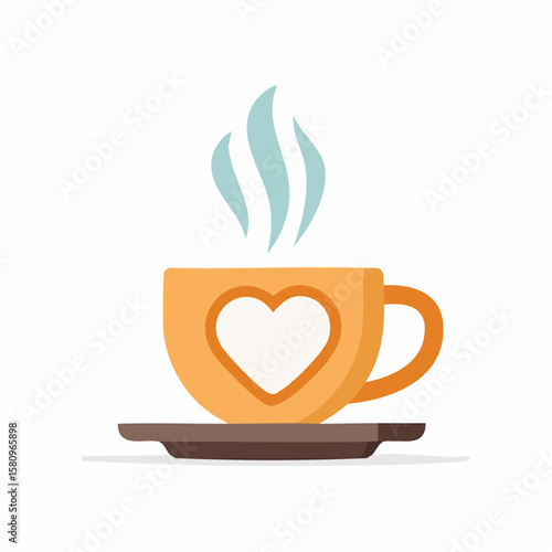 Steaming teacup emits a heart shape on a brown saucer isolated