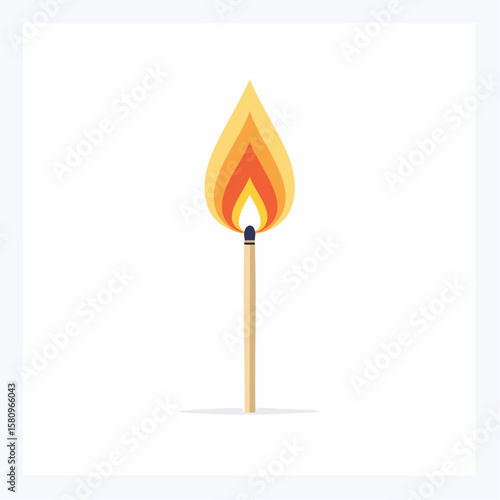 Lit matchstick with burning flame against a bright white background, a simple graphic
