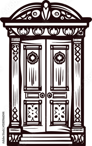 Ornate double wooden door with decorative columns and carvings in vintage engraved illustration
