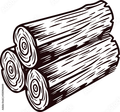 Hand drawn illustration of three stacked firewood logs with visible wood grain rings