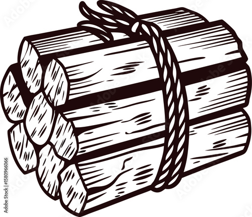Hand drawn bundle of firewood sticks tied with rope vintage wood log engraving rustic illustration