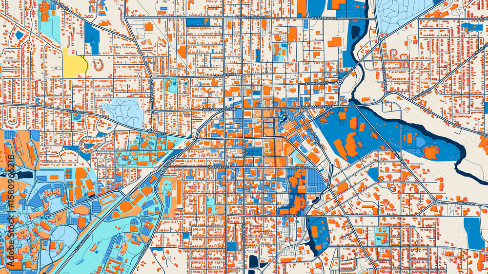 Obraz premium Colorful Kalamazoo Street Map with Labels and Buildings