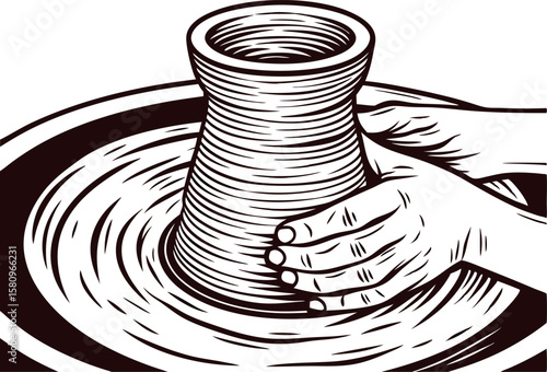 Handcrafted ceramic vase forming on pottery wheel with artisan hands, vintage engraved black and white illustration