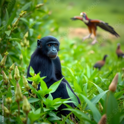 It features a black furry monkey nestled among green leaves.