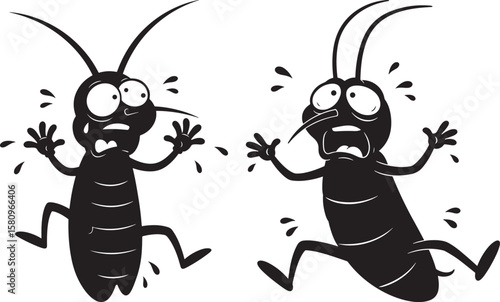 Two cartoon cockroaches with shocked expressions running away silhouette