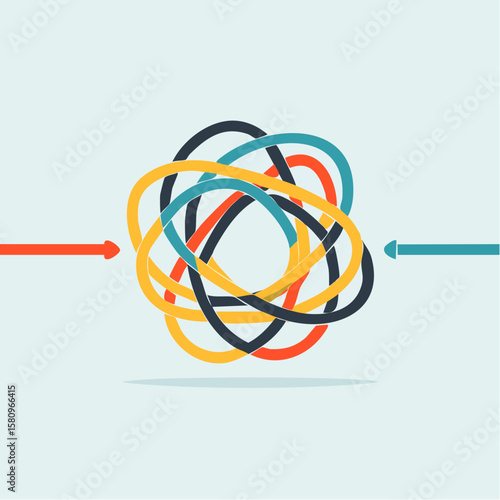Tangled knot of dark lines with one line being pulled straight