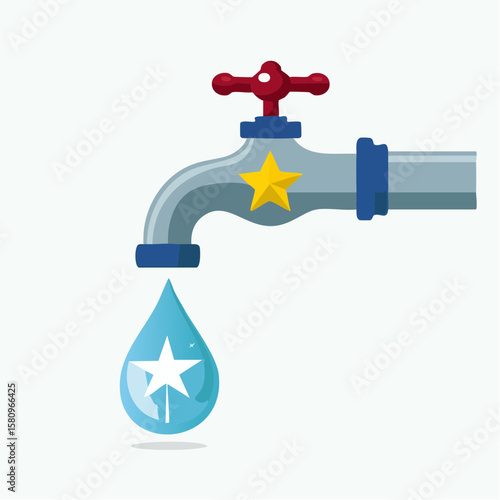 Water faucet with a star releasing a water drop containing a shining star