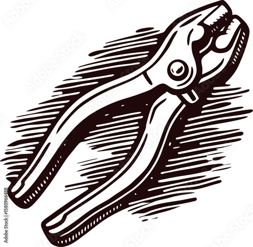 vintage hand drawn cutting pliers illustration with engraved shading isolated on white background