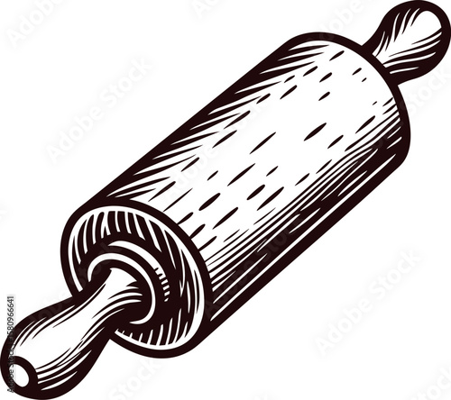 Vintage hand drawn wooden rolling pin with textured details and handles isolated on white background illustration