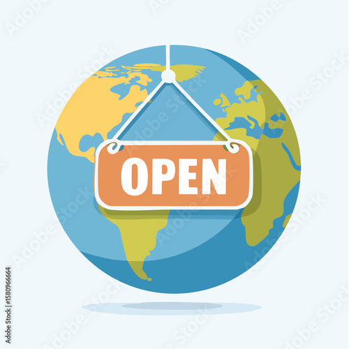 World globe showing open sign for around the world business hours