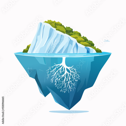 Iceberg with underwater tree root structure floats on Arctic Ocean surface