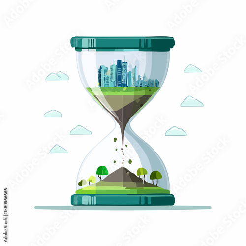 Hourglass showing polluted city transitioning to nature landscape