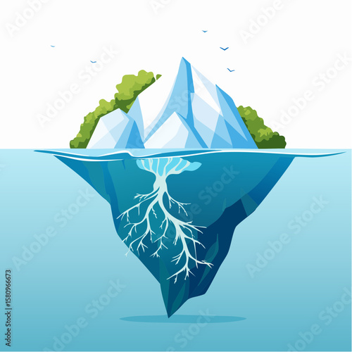 Iceberg with underwater tree structure under a bright blue sky