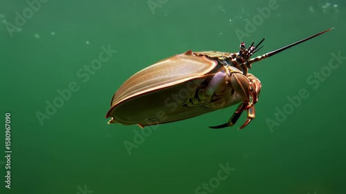 Ancient Horseshoe Crab (Limulus Polyphemus) Gliding Through Murky Green Ocean Depths