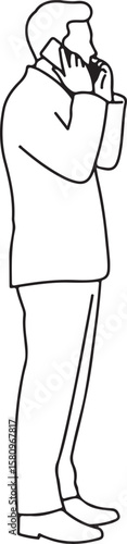 A vector illustration of a man standing and talking on a smartphone in a serious or focused manner