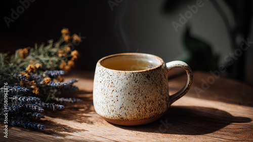 Wallpaper Mural Warm Herbal Tea in Speckled Ceramic Mug on Wooden Table Torontodigital.ca