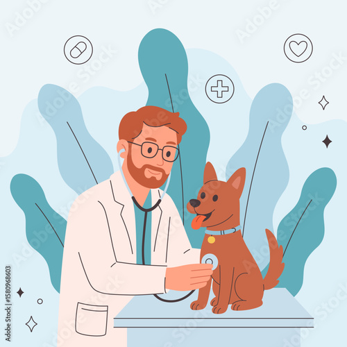 Veterinary doctor examining and cure dog. Veterinarian day. Vector illustration in flat style