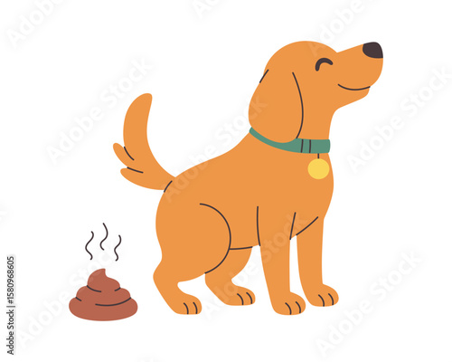 Clean up after your dog concept. Dog is pooping. Pet care, environmental awareness waste disposal. Vector illustration in flat style