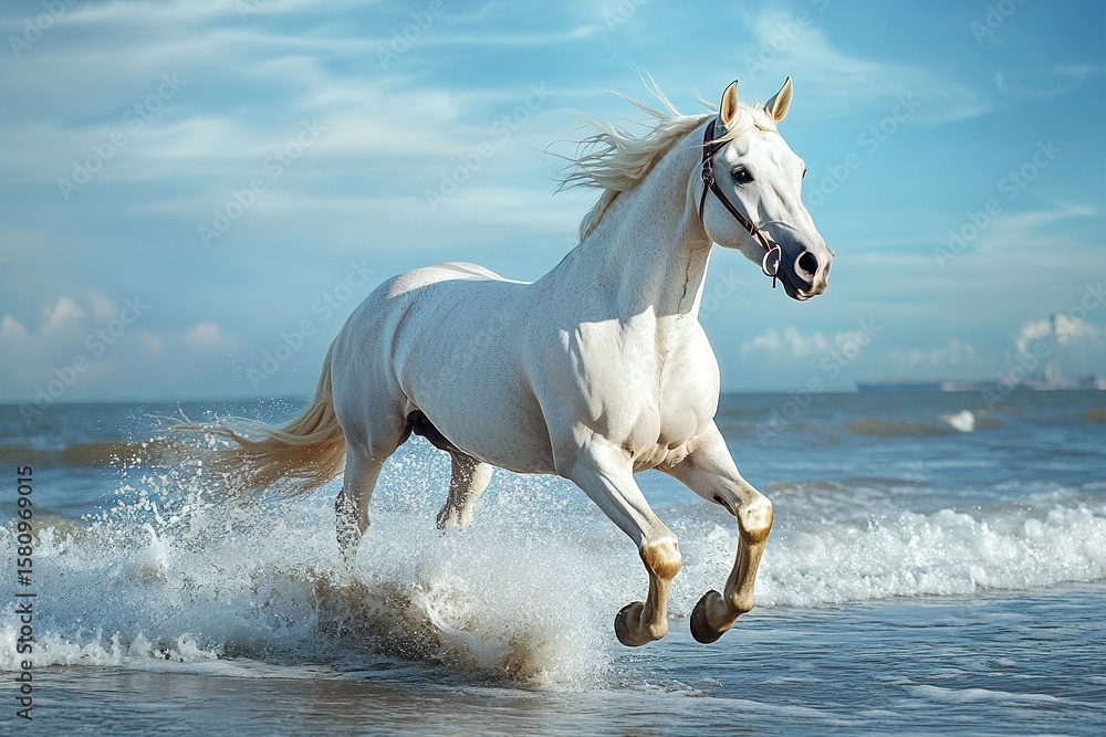 Obraz premium White horse galloping through seawater on a bright sunny beach day