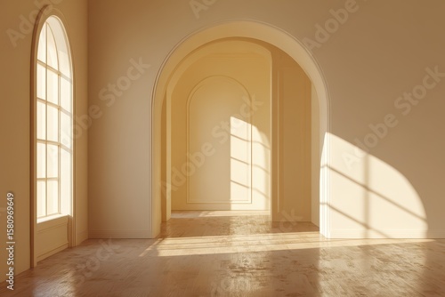 Interior view with arches  sunlight  and clean aesthetic. Soft light bathes the scene
