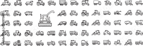 Vehicles and Heavy Machinery Line Icon Set. Vector pictograms of truck, tractor, crane, construction equipment, excavator, loader, industrial vehicles, thin linear illustration