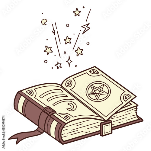 An open ancient spellbook with a pentagram on its cover is emitting magical stars and sparkles suggesting the power of witchcraft and arcane knowledge