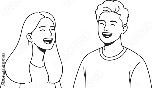 A vector illustration of a happy young couple looking at each other and laughing cheerfully in outline style