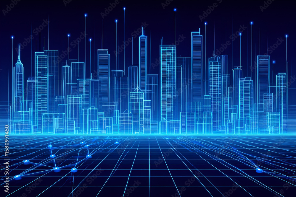 Fototapeta premium Neon blue digital city skyline with glowing grid image