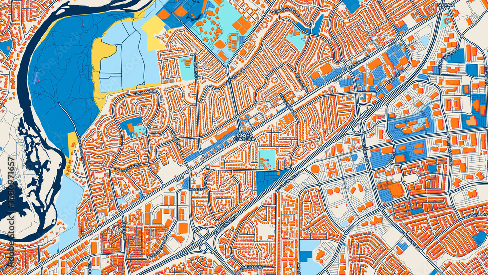 Obraz premium Colorful Rancho Cordova Street Map with Labels and Buildings