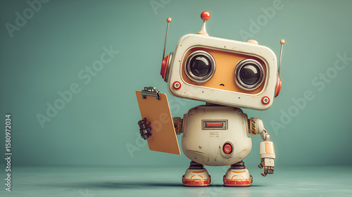 A cute retro-style robot with large eyes holding a clipboard, standing against a teal background. The robot looks curious, as if ready to take notes or ask questions.
