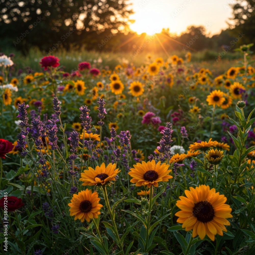 Obraz premium Vibrant Sunflower Field at Sunset