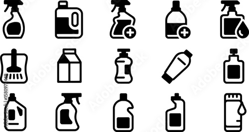 Household cleaning product containers and cleaning tools icons spray bottle detergent