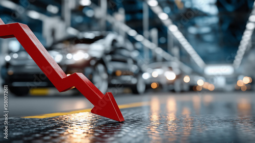 Economic downturn in Car Industry: The red arrow graphically depicts the economic slump within a car manufacturing factory, with cars on the assembly line, conveying a scene of financial decline.