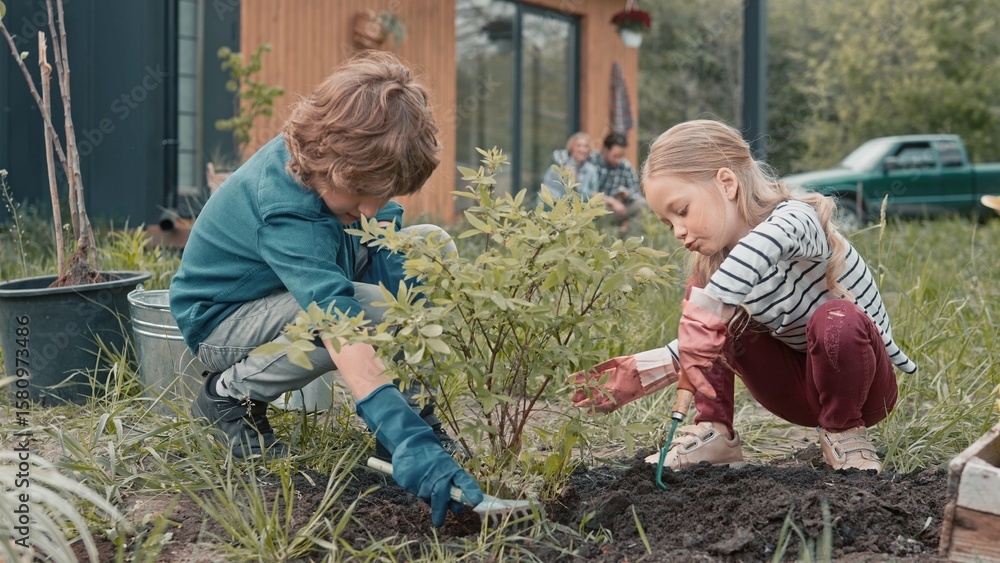 Fototapeta premium Two little children with gloves cultivating ground after planting bush or tree. Obedient kids speaking while working in garden. In blurred background their parents resting and looking at them.