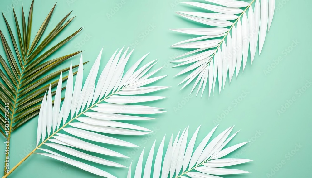 Obraz premium White palm leaves arranged on a mint green background, summer flat lay, copy space, style, mint green