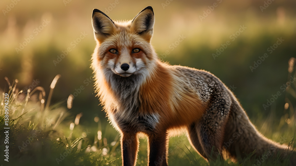 Fototapeta premium A fox is standing in a field of grass